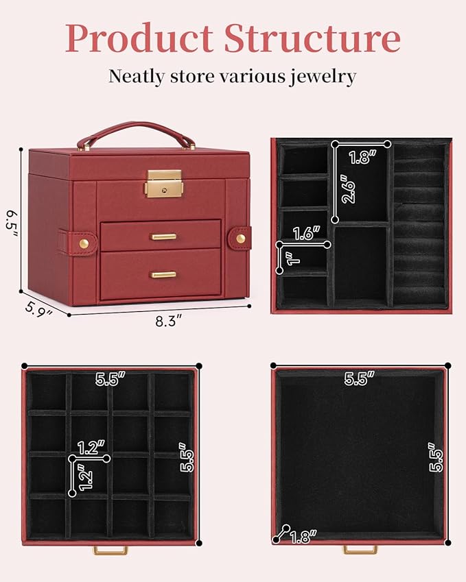 TORIBIO Jewelry Box for Women, Leather Jewelry Organizer with Mirror & Lock, 3-Tier Jewelry Storage Organizer with 2 Drawers 