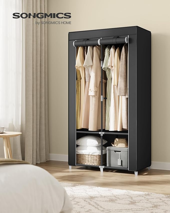 SONGMICS Portable Closet, Wardrobe Closet Organizer with Cover, 2 Hanging Rods and Shelves, 4 Side Pockets, 33.9 x 17.7 x 65.