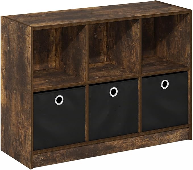 Furinno Basic Book Shelf, 6-Cube Bookshelf with Open Shelf, 3 x 2 Bookcase with Storage Bins, Closed Back, Horizontal, 11.9 x