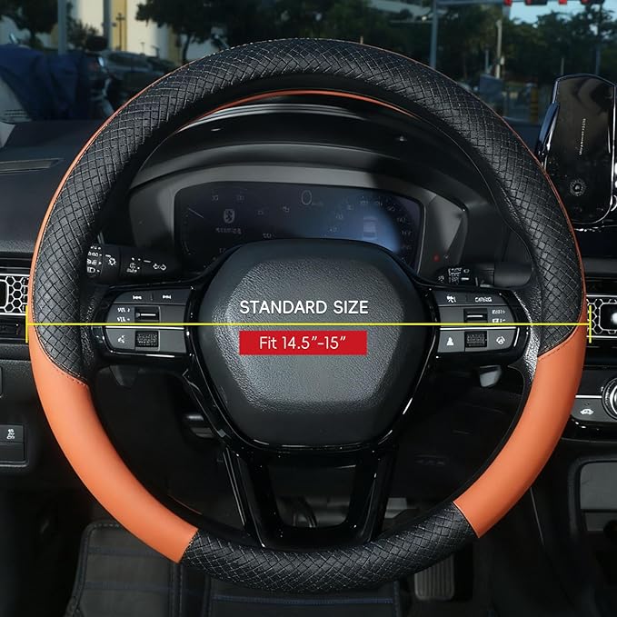 LABBYWAY Car Steering Wheel Cover, Leather, Universal 15 Inch Fit, Anti-Slip & Odor-Free,Brown