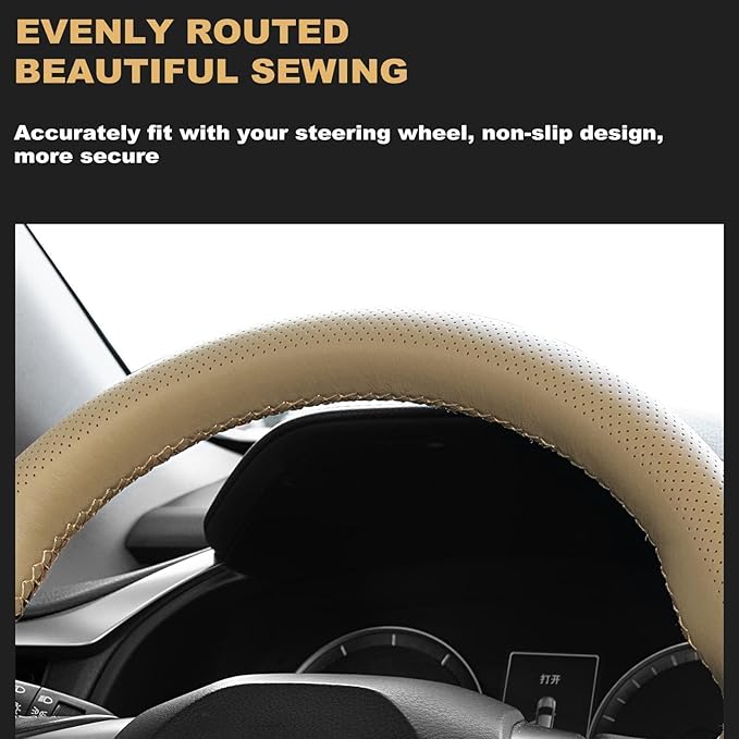 AUTOXBERT 38cm/15 Inch Genuine Leather DIY Steering Wheel Cover Soft Hand Sewing On Wrap Cover with Needles Thread fit for VW