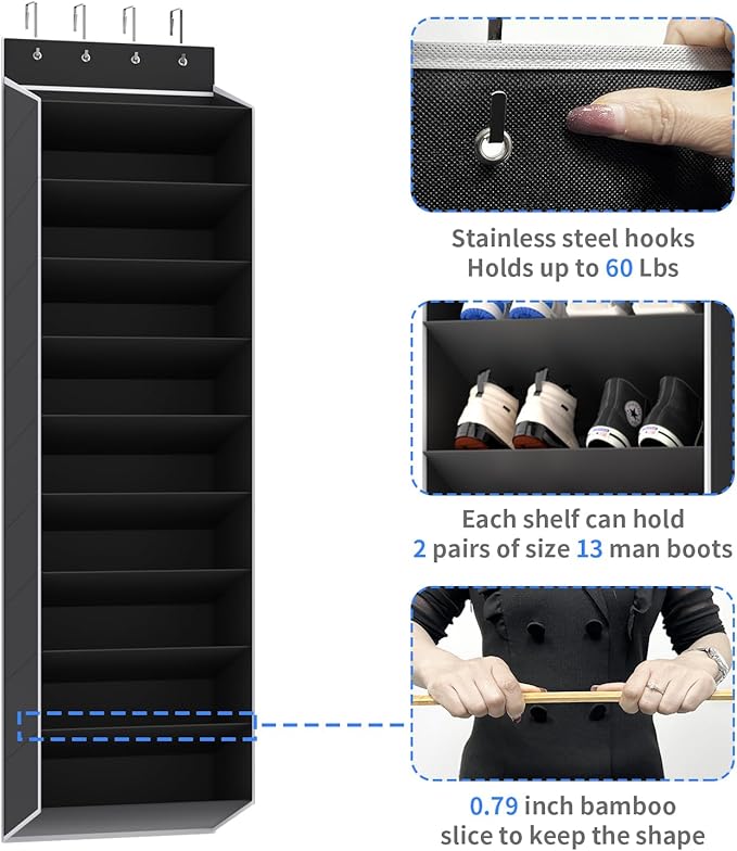 REGELETO 10 Tiers Large Size Over the Door Shoe Organizer Storage, Hanging Shoe Rack for Door with Deep Pockets, Fit 20 Pairs
