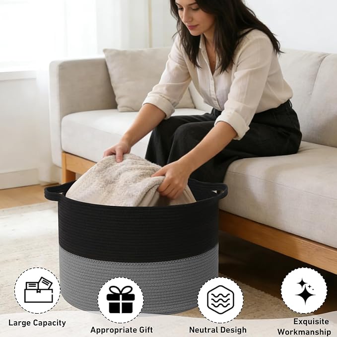 65L Large Woven Cotton Rope Blanket Basket with Handles, Laundry Hamper Storage Bin for Pillows, Comforters,Clothes, Toys, Nu