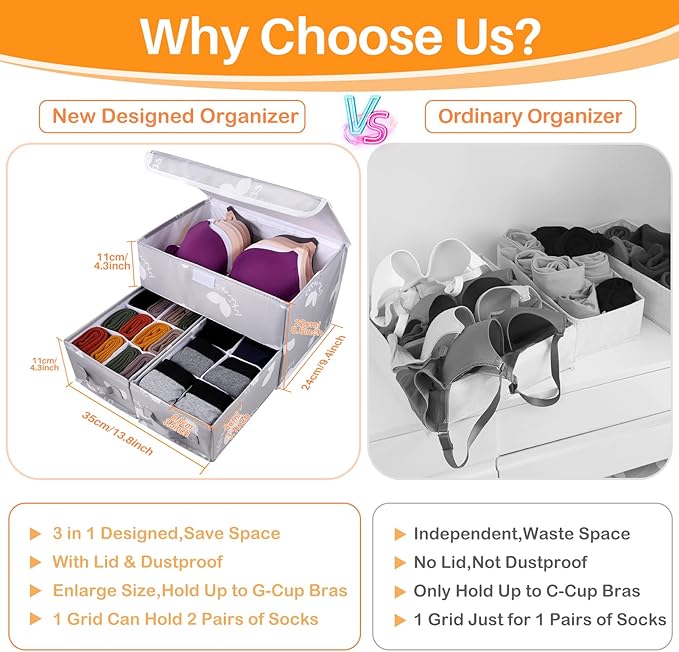 EASEVE 2 Pack Sock Underwear Drawer Organizer Divider - Closet Organizers and Storage Dresser Organizer Wardrobe Clothes Box 