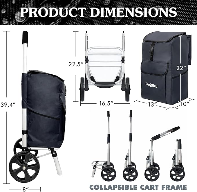 Ultra-Lightweight Black Foldable Shopping Cart for Groceries Large 42L Capacity Rubber Wheels, Removable Insulated Bag Liner, Durable Aluminum Frame, Multi-Function Personal Hand Truck