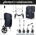 Ultra-Lightweight Black Foldable Shopping Cart for Groceries Large 42L Capacity Rubber Wheels, Removable Insulated Bag Liner, Durable Aluminum Frame, Multi-Function Personal Hand Truck