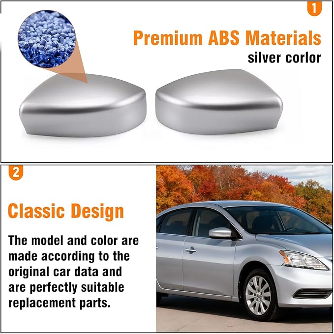 Moonlinks Compatible with Nissan Sentra 2013 2014 2015 2016 2017 2018 2019 Side Mirror Cover Replacement,Silver Left Driver & Right Passenger Side Door Rearview Side Mirror Cap Without Turn Signal