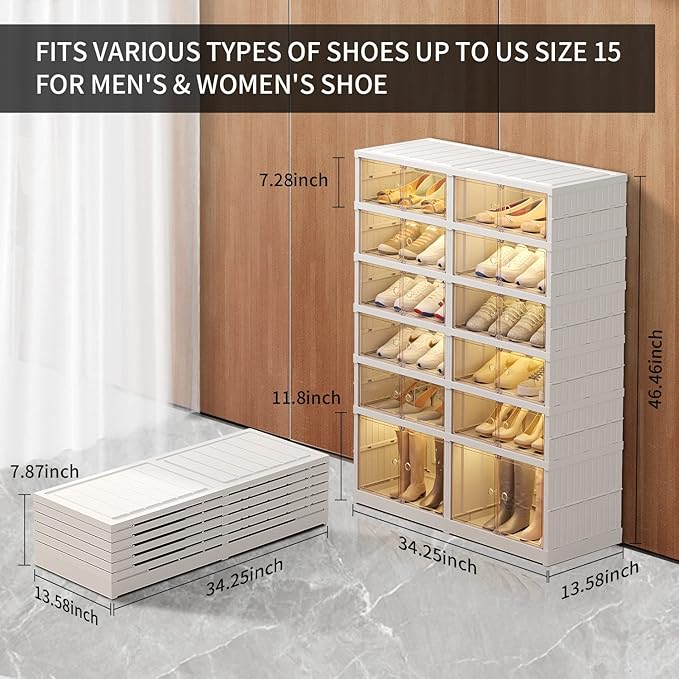 CIMLORD 6-Tier Foldable Shoe Rack Organizer for Closet 24Pairs Plastic Shoe Shelf Collapsible Shoes Storage Box Clear Shoe Bo