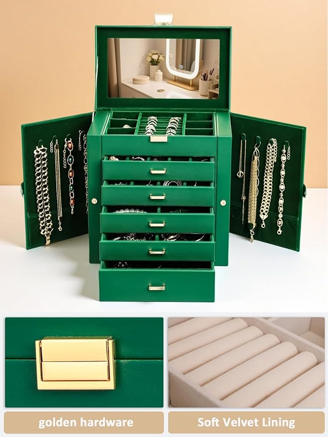 BOOVO Jewelry Box For women, 6 Layer Large Jewelry Organizer With Mirror, Multi-Function Storage Box With Lock, Necklace Hold