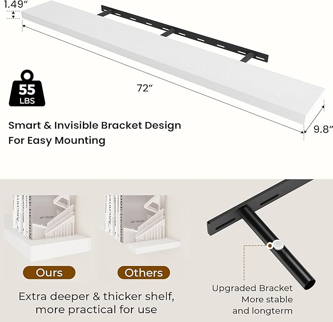 Dreamland 72 Inches Floating Shelves for Wall, 9.8" Deep Long Floating Shelves Set of 1, Large Display & Storage Shelf, Wall 