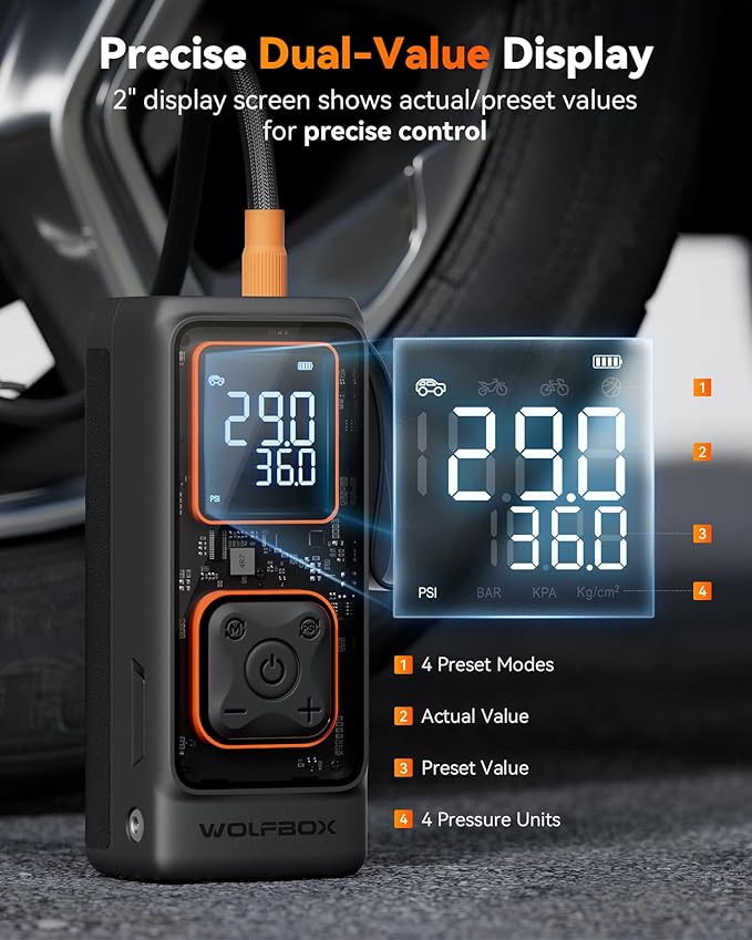 WOLFBOX Cordless Tire Inflator Portable Air Compressor, 150PSI Air Pump for Car Tires, Motorcycle, Bicycle & Ball, with Smart Digital Pressure Gauge, Auto Shut-Off & LED Flashlight