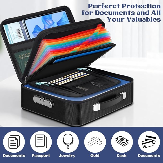 Fireproof Document Box with Lock, Safe Box for Important Documents, Fireproof & Water-Resistant Storage Organizer for Certifi