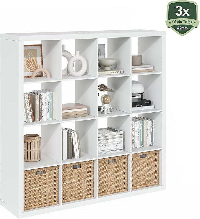 Furinno Cubicle Book Shelf, 16-Cube Bookshelf, Triple Thick Frame Cube Storage Organizer, 1.65" Bookcase, 15.4 x 57.4 x 56.9,