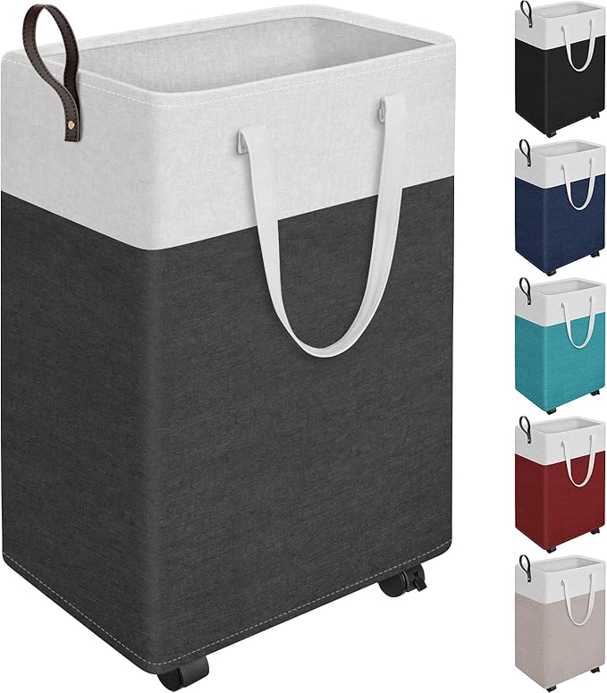 HomeHacks Laundry Basket with Wheels, Rolling Laundry Hamper, Collapsible & Waterproof Clothes Hamper, Narrow Corner Bins wit