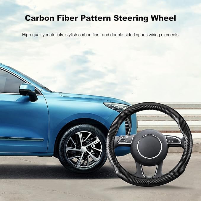 Ergocar Carbon Fiber Material Steering Wheel Cover Anti-Slip Breathable Sweat Absorbent Fashionable Sport Steering Wheel Sleeve for the Round Shape with Diameter of 15"（37.5-38cm）-Black