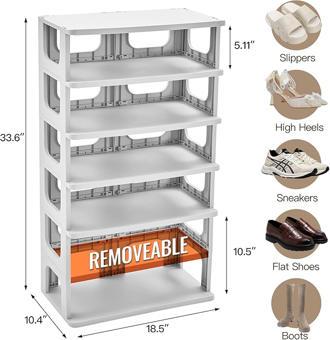 TRZZ 7-Tier Small Shoe Rack, Vertical Narrow Stackable Organizer with Removable Partition, Efficient Shoe Storage for Closet,