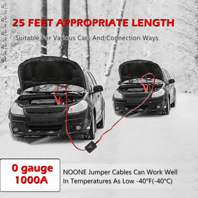 NOONE 0 Gauge 25FT Heavy Duty Jumper Cables for Car Battery, 1000A Automotive Booster Cables with Reverse Polarity Protection for SUVs & Trucks, Includes Bag, Gloves, Brush & Goggles