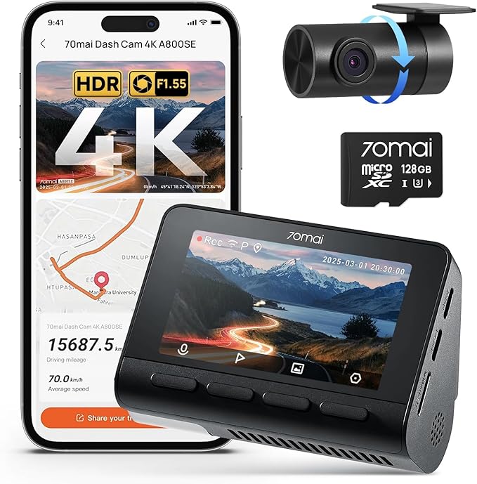70mai 4K Dash Cam Front and Rear, Built in Wi-Fi 6 & GPS Car Camera, Super Night Vision, ADAS, 3'' IPS Screen, 24H Parking Mo