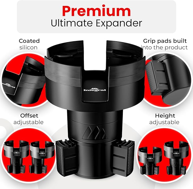 Integral Expandable Mug Holder - YETI 14oz Rambler Cup Holder - Car Cup Holder Expander with Adjustable Base - Rubber Tabs Hold Most Coffee Mugs Ramblers 10oz