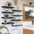 RICHER HOUSE Floating Wall Mounted Shelves, 8pc Set with Lip - Black Nursery Book Shelves for Bedroom, Bathroom, Kitchen Deco
