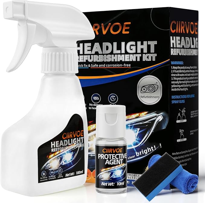 Automotive Headlight Restoration Kit - Refurbishing Fluid & Polishing Cleaner for Oxidized, Yellowed Headlamps, Enhanced Hydr
