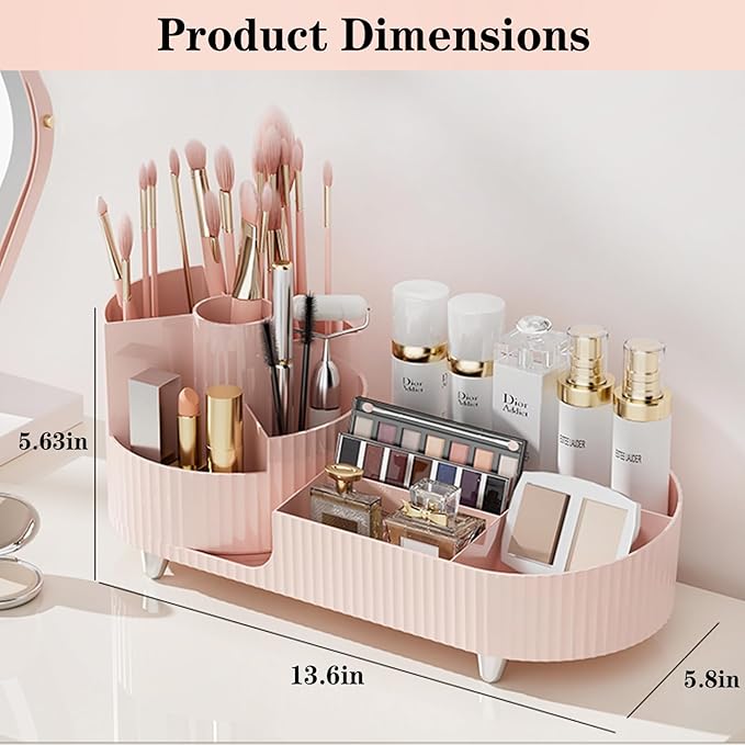 Pink Rotating Vanity Organizer with Brush Holder - Large Spinning Cosmetic Storage, Countertop Makeup & Skincare Organizer, P