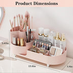 Pink Rotating Vanity Organizer with Brush Holder - Large Spinning Cosmetic Storage, Countertop Makeup & Skincare Organizer, P