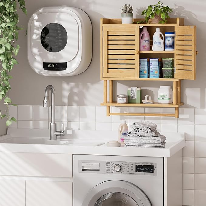 AmazerBath Bathroom Wall Cabinets, Large Bamboo Medicine Cabinets with Towel Bar, Hanging Over Toilet Storage Organizer Cabin