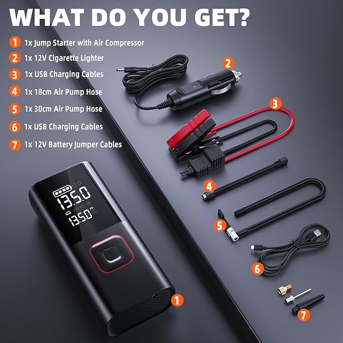 Jump Starter with Air Compressor, 5000A Battery Jumper Starter Portable (9L Gas/8L Diesel) with 160PSI Auto-Shutoff Tire