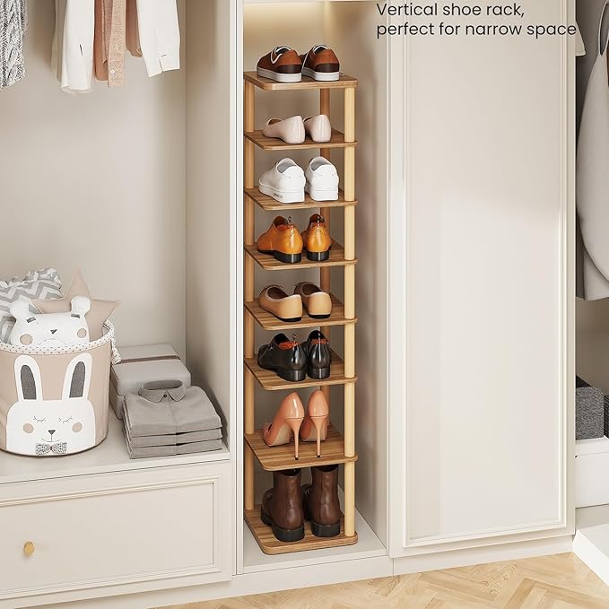 LUCKNOCK Vertical Shoe Rack, 8-Tier Tall Narrow Shoe Organizer for Entryway, Closet, Dorm & Small Spaces, Freestanding Wooden