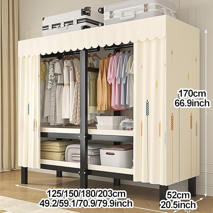 Portable Foldable Wardrobe Closet with Cover – Freestanding Clothes Rack for Bedroom, Metal Garment Organizer with Hanging Ro