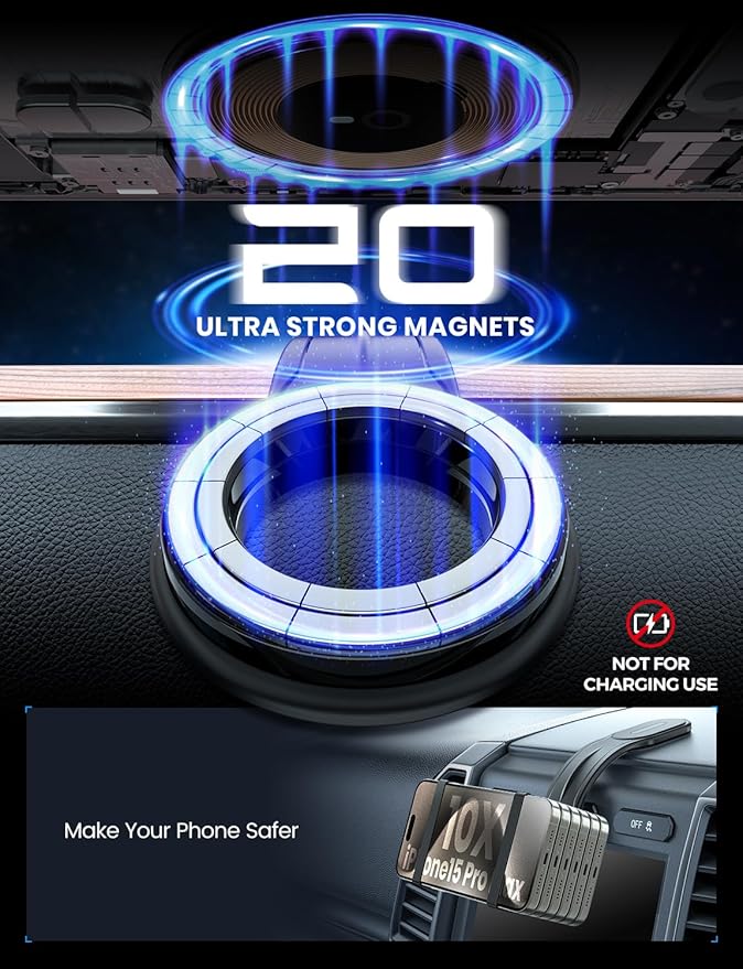 eSamcore for MagSafe Car Mount Detachable, Bendable Aluminum Arm Magnetic Phone Holder for Car【20 Strong Magnets】 Cell Phone Mount for Car Dash Fit iPhone 17 16 15 14 Pro Max Mini Mag Safe Accessories
