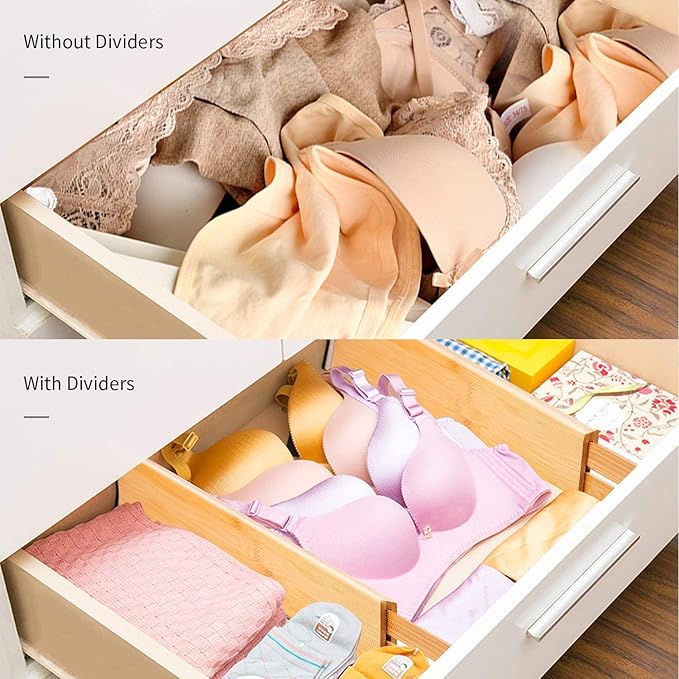 Utoplike 4 pcs Bamboo Kitchen Drawer Dividers Large, Adjustable Drawer Organizers, Spring Loaded, Works in Kitchen, Dresser, 