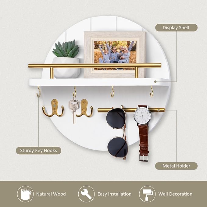 Nekon Key Holder Wall Mount, 11.8 Inch Rack With Shelf and 6 Hooks, Rustic Mail Organizer, Circular Wooden Hanger for Entrywa