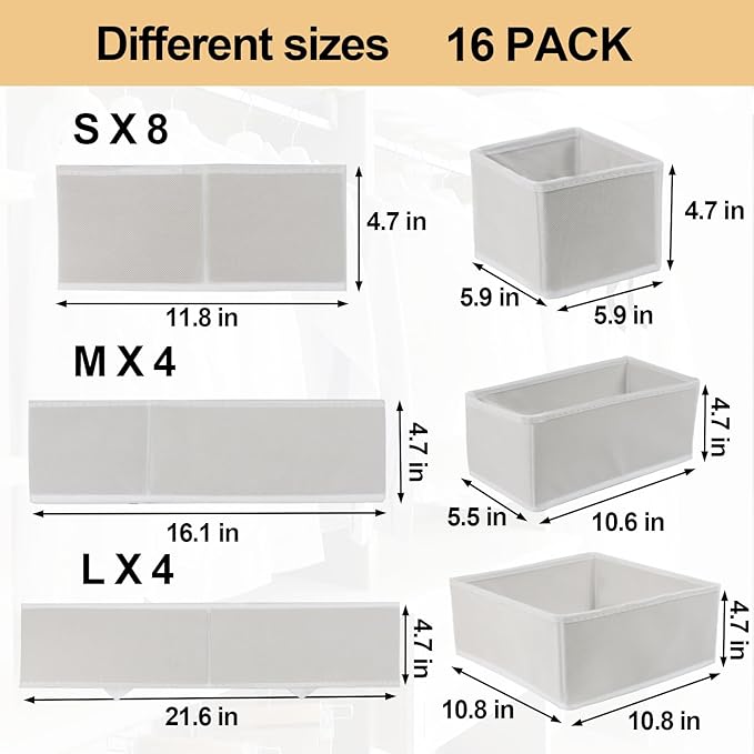 Fordonral 16 Pack Drawer Organizer Clothes, Foldable Fabric Dresser Organizer Closet Organizers and Storage Box for Underwear
