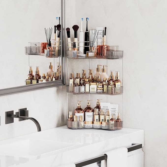 Asayuee 3-Tier Corner Bathroom Counter Organizer with Top Toothbrush Holders,Large Makeup Organizer Countertop with Brush Hol