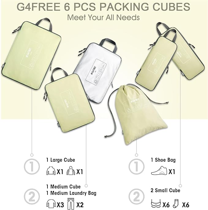 G4Free 6 Set Compression Packing Cubes, 3 sizes Travel Packing Organizers for Suitcases, Expandable Luggage Suitcase Storage 
