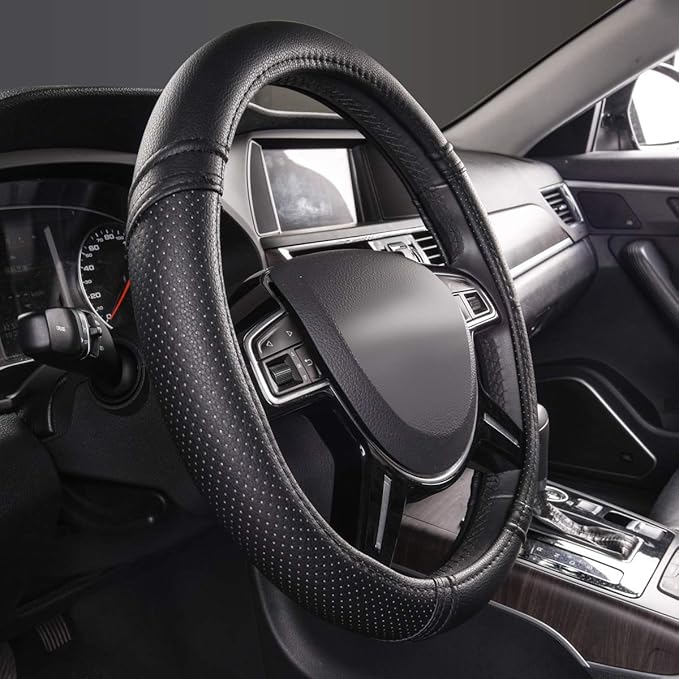 Car Pass Classical Leather Automotive Universal Steering Wheel Covers,Universal Fit for Suvs,Trucks,Sedans,Cars,Vans,14.5-15i