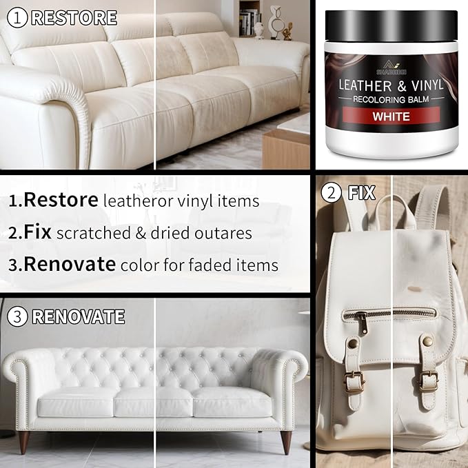 Leather Recoloring Balm and Scratch Repair Kit, White Leather Restorer for Couches, Furniture, Car Seats, Leather Paint & Sta