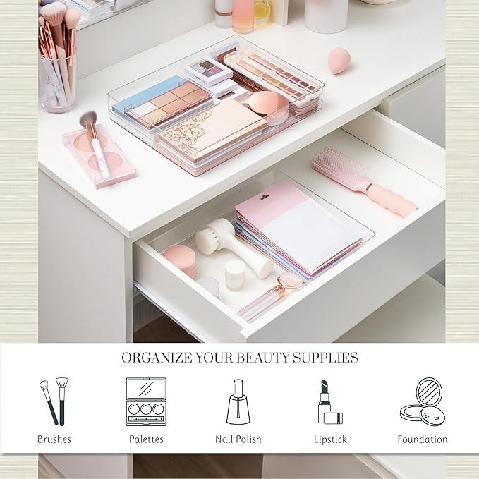 STORi SimpleSort 2-Piece Stackable Clear Drawer Organizer Set | 15" x 6" x 2" Rectangle Trays | Wide Makeup Vanity Storage Bi