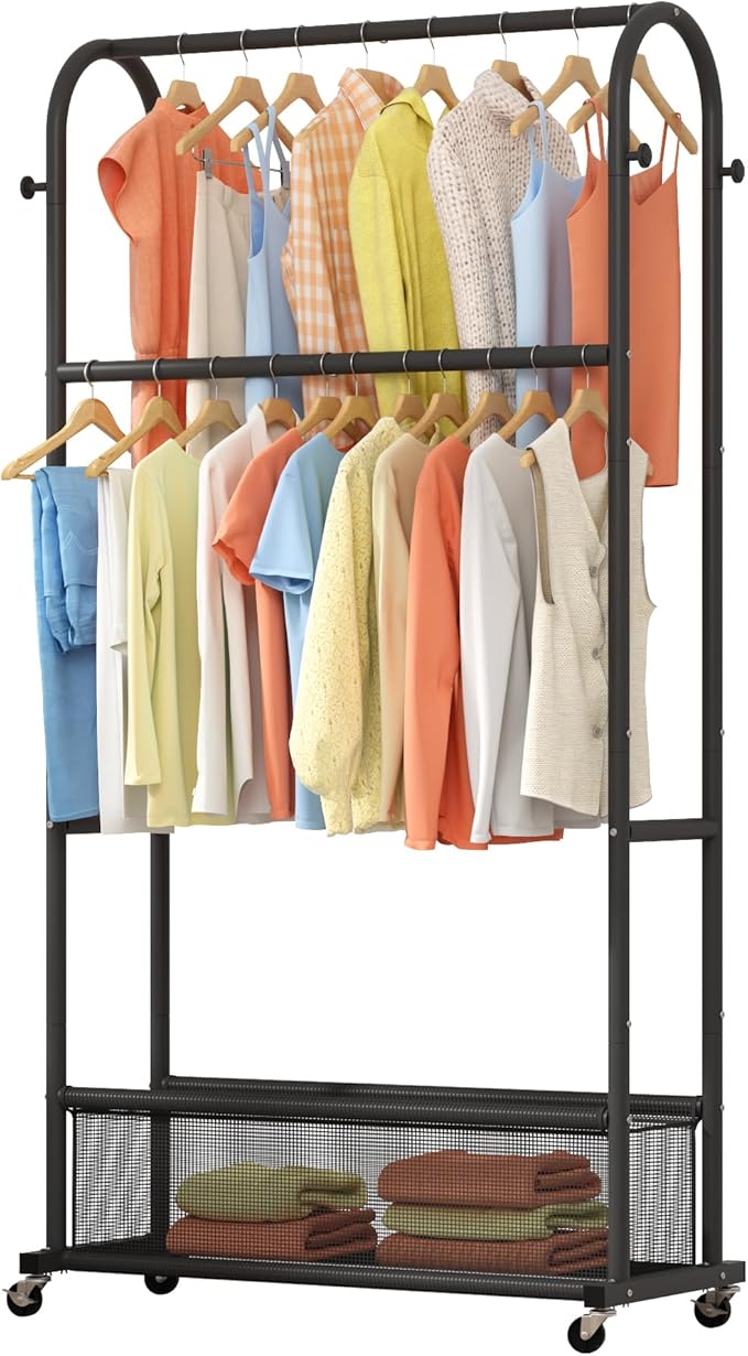 MOYIPIN Double Rods Clothing Rack with Wheels,Clothing Organizer for Hanging Clothes Coat Scarves Bags,Multi-functional Bedro