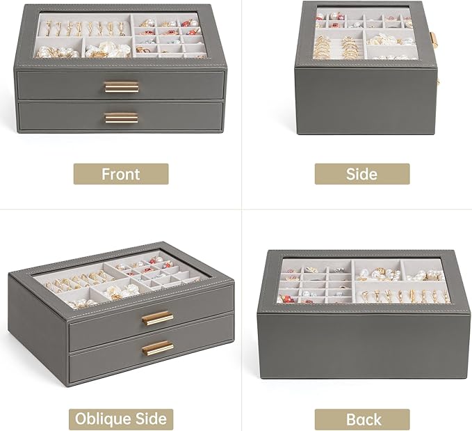 AKOZLIN Jewelry Box with Clear Lid Functional Leather Jewelry Storage Organizer Case 2 Drawers for Women Girls Necklace Ring 