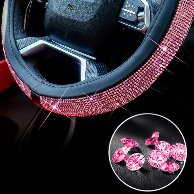 ChuLian New Diamond Leather Steering Wheel Cover with Bling Bling Crystal Rhinestones, Universal Fit 15 Inch Car Wheel Protec