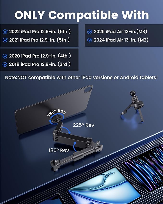 KU XIU Car Headrest Magnetic Tablet Holder for iPad Pro 12.9, iPad Air 13 M2/M3, Backseat Tablet Car Mount Adjustable Arm, Road Trip Essentials for Kids,for iPad Pro 12.9 3rd/4th/5th/6th