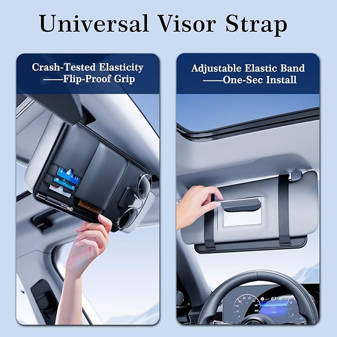 Car Visor Organizer, Premium Leather Sunglasses & Card Holder for Cars, Registration/Insurance Slot, Credit Card Pockets, Automotive Interior Organizer for Car Sun Visor (Black Leather)