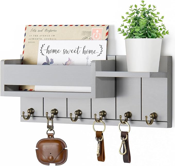 RelaxScene Key Holder Wall Mount - Key Hooks for Wall Decor Living Room - Wooden Key Hanger Rack and Mail Organizer with Shel