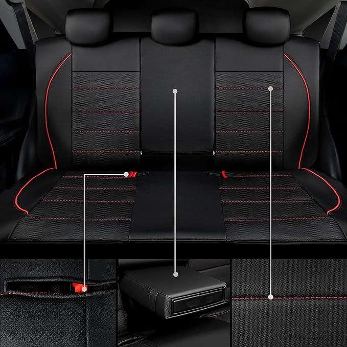 CAR PASS Leather Back Seat Cover,Piping Waterproof Bench Seat Cover, Rear Seat Cover Universal Fit for Cars Sedans SUVs Truck 95% Automotive Interior Backseat Car Covers (Rear,Black and Red)