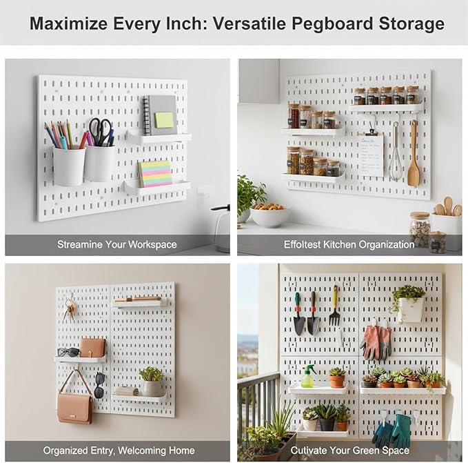 PSLER White Peg Board 4pcs 12″×12″ White Peg Board Organizer with Accessories &Hooks