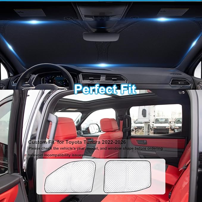 KMF 6pcs Thicken Sun Shades for Toyota Tundra 2022-2025 2026 Accessories, Custom Fit Tundra Sunshade Full Car Window Covers for Windshield Side Rear, UV Block and Privacy Blackout for Camping Outdoor