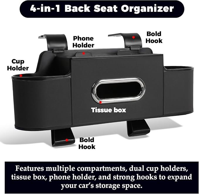 4-in-1 Car Organizer Back Seat,Upgraded Multifunctional Back Seat Car Organizer,Partition Design,Multi-Hanging Storage Box with 2 Cup Holders,Tissue Box, for Hold Mobile Phone(Black)